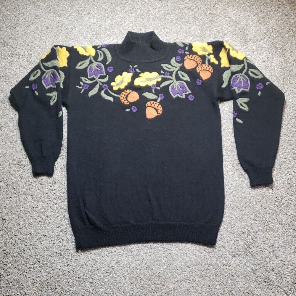 Vintage Ambercrombie And Fitch Wool Sweater Womens Black Embroidered